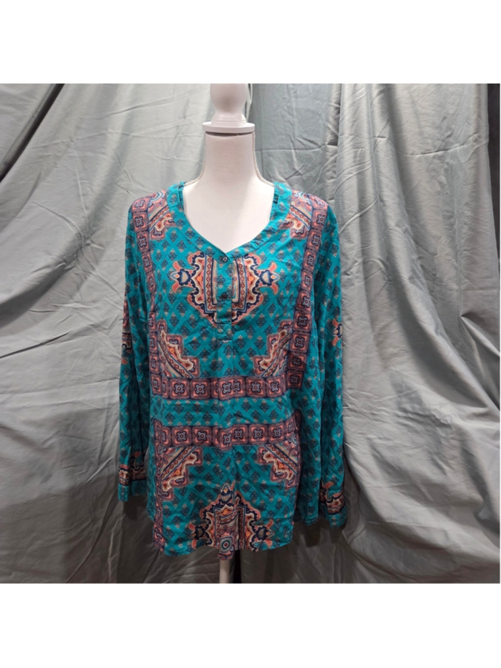 Tolani Teal & Pink Geometric Blouse Boho Festival Size L